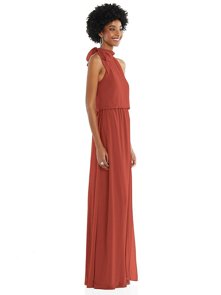 【STYLE: 1562】Scarf Tie High Neck Blouson Bodice Maxi Dress with Front Slit【COLOR: Amber Sunset】