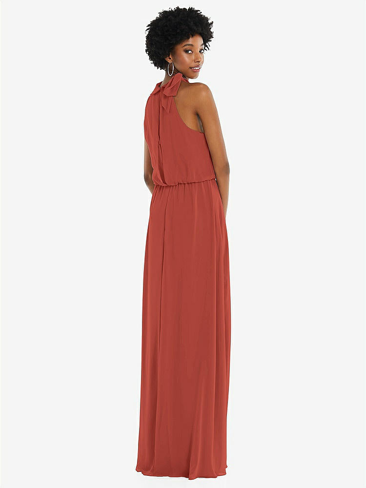 【STYLE: 1562】Scarf Tie High Neck Blouson Bodice Maxi Dress with Front Slit【COLOR: Amber Sunset】