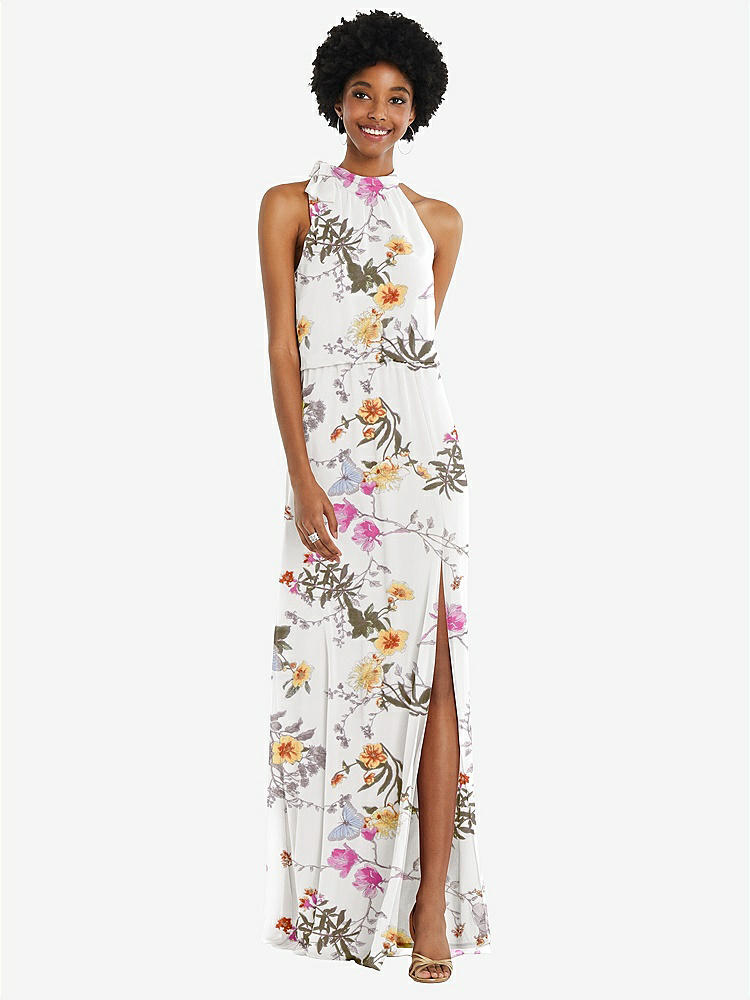 【STYLE: 1562】Scarf Tie High Neck Blouson Bodice Maxi Dress with Front Slit【COLOR: Butterfly Botanica Ivory】