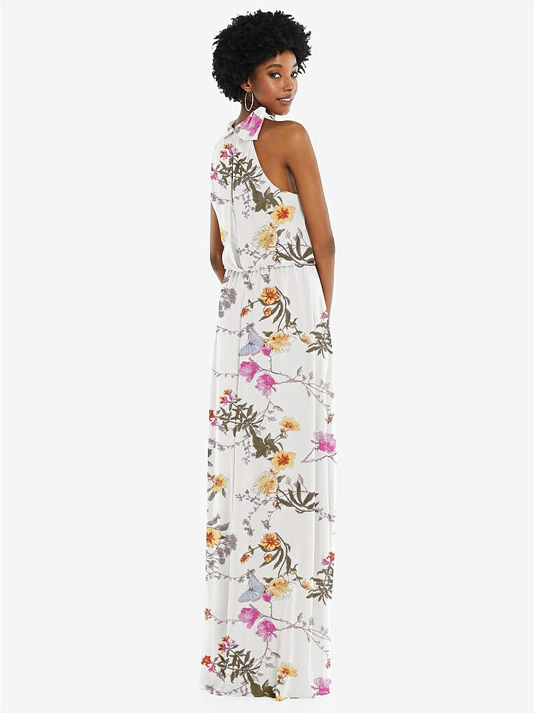 【STYLE: 1562】Scarf Tie High Neck Blouson Bodice Maxi Dress with Front Slit【COLOR: Butterfly Botanica Ivory】