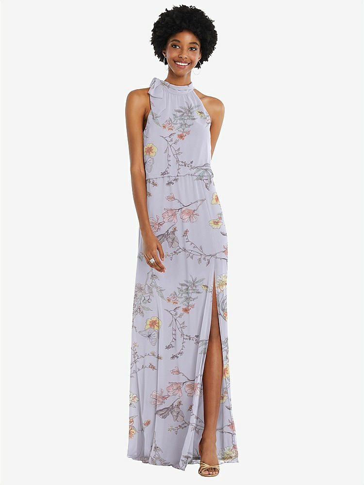 【STYLE: 1562】Scarf Tie High Neck Blouson Bodice Maxi Dress with Front Slit【COLOR: Butterfly Botanica Silver Dove】