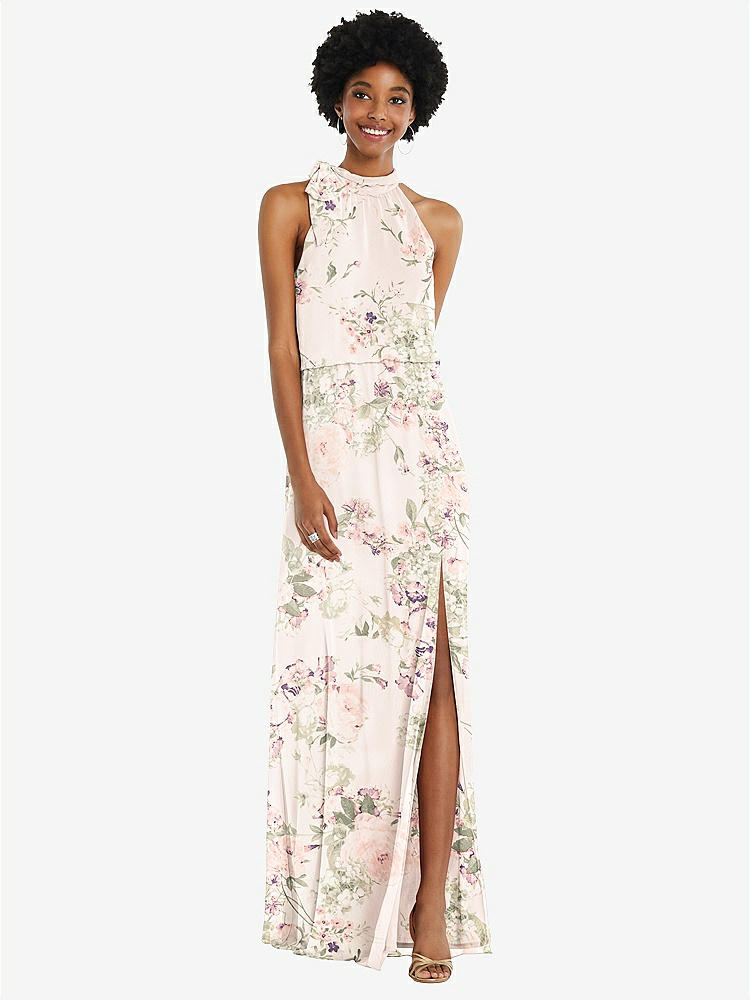 【STYLE: 1562】Scarf Tie High Neck Blouson Bodice Maxi Dress with Front Slit【COLOR: Blush Garden】