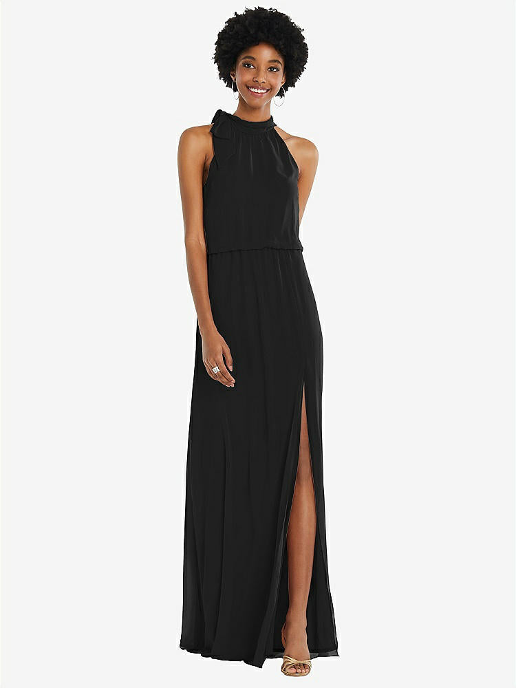 【STYLE: 1562】Scarf Tie High Neck Blouson Bodice Maxi Dress with Front Slit【COLOR: Black】