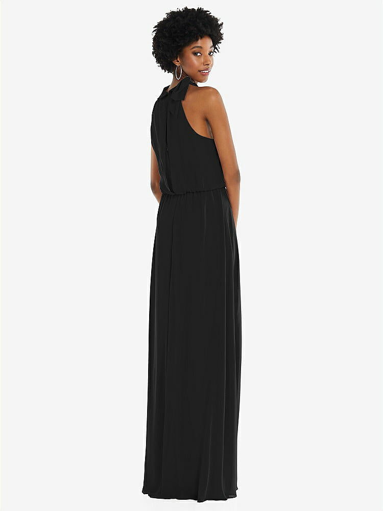 【STYLE: 1562】Scarf Tie High Neck Blouson Bodice Maxi Dress with Front Slit【COLOR: Black】