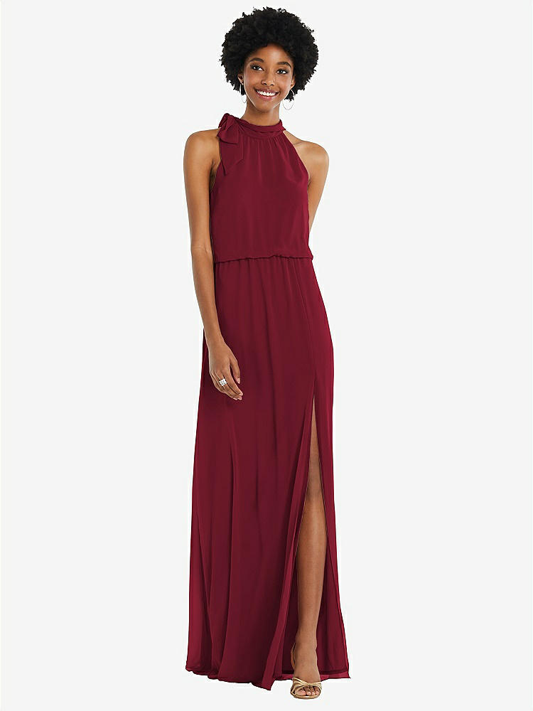 【STYLE: 1562】Scarf Tie High Neck Blouson Bodice Maxi Dress with Front Slit【COLOR: Burgundy】