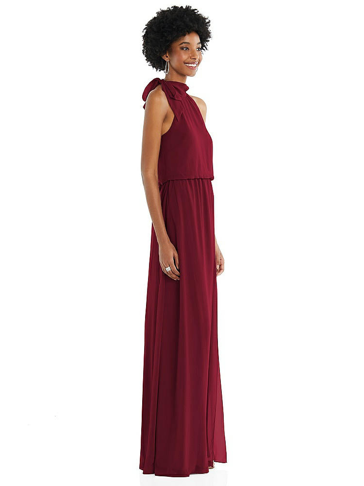 【STYLE: 1562】Scarf Tie High Neck Blouson Bodice Maxi Dress with Front Slit【COLOR: Burgundy】
