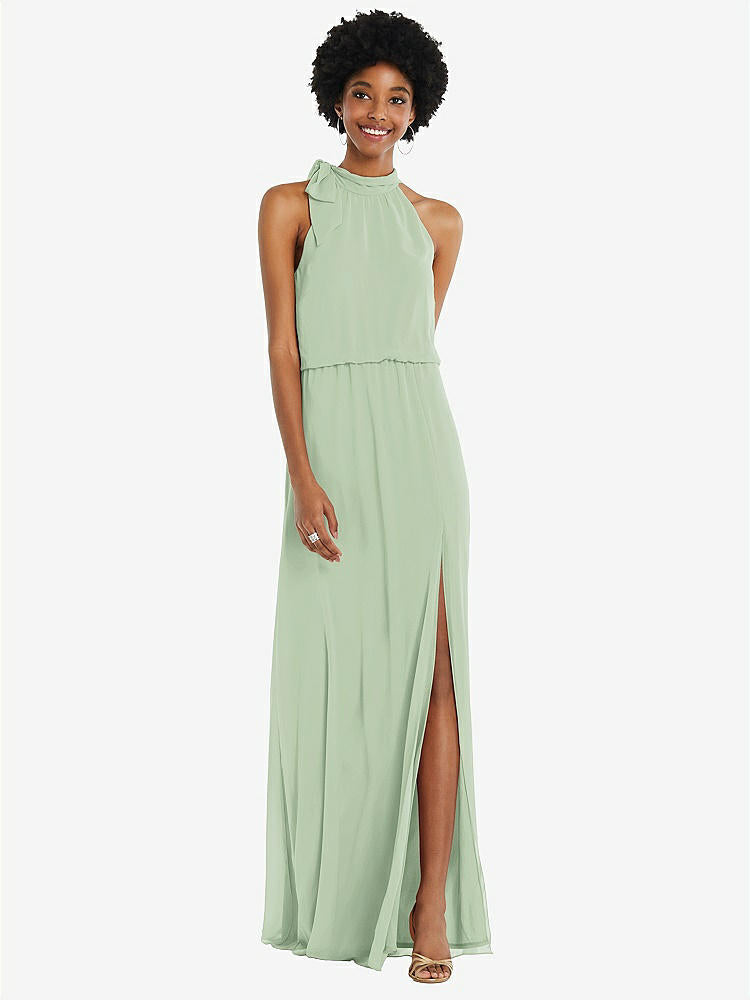 【STYLE: 1562】Scarf Tie High Neck Blouson Bodice Maxi Dress with Front Slit【COLOR: Celadon】