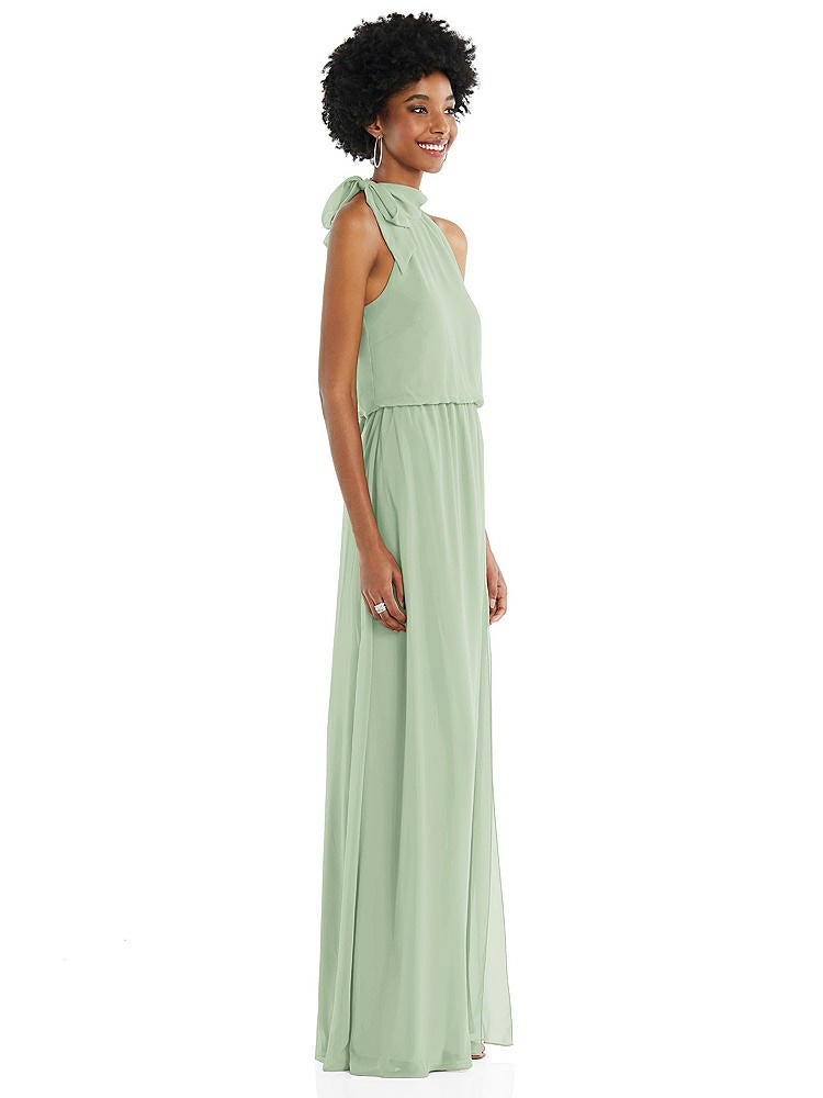 【STYLE: 1562】Scarf Tie High Neck Blouson Bodice Maxi Dress with Front Slit【COLOR: Celadon】