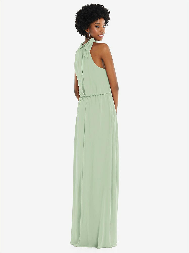 【STYLE: 1562】Scarf Tie High Neck Blouson Bodice Maxi Dress with Front Slit【COLOR: Celadon】