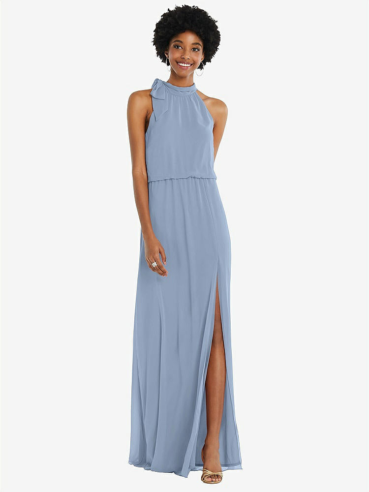 【STYLE: 1562】Scarf Tie High Neck Blouson Bodice Maxi Dress with Front Slit【COLOR: Cloudy】