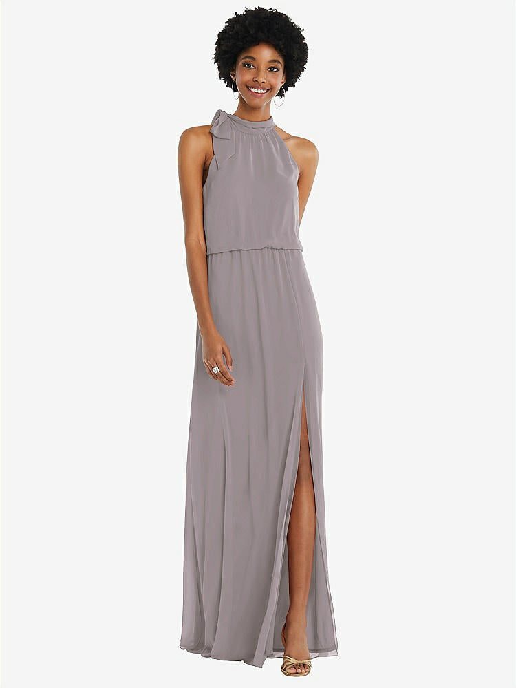 【STYLE: 1562】Scarf Tie High Neck Blouson Bodice Maxi Dress with Front Slit【COLOR: Cashmere Gray】