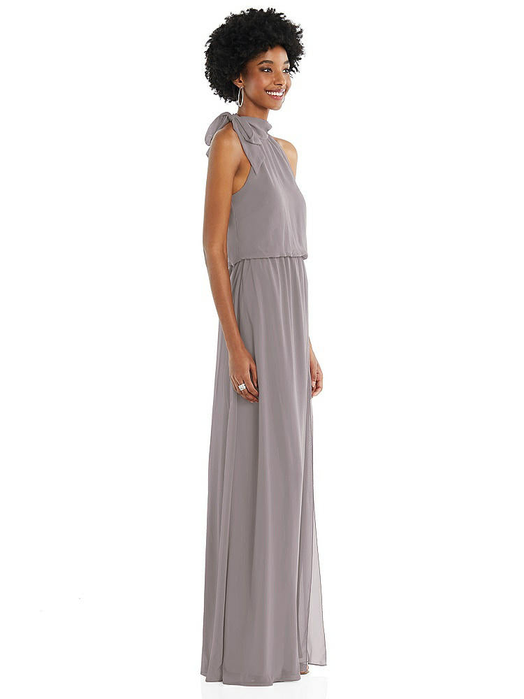 【STYLE: 1562】Scarf Tie High Neck Blouson Bodice Maxi Dress with Front Slit【COLOR: Cashmere Gray】