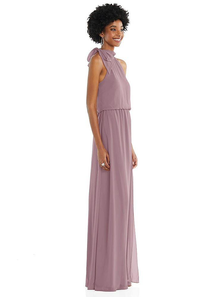 【STYLE: 1562】Scarf Tie High Neck Blouson Bodice Maxi Dress with Front Slit【COLOR: Dusty Rose】