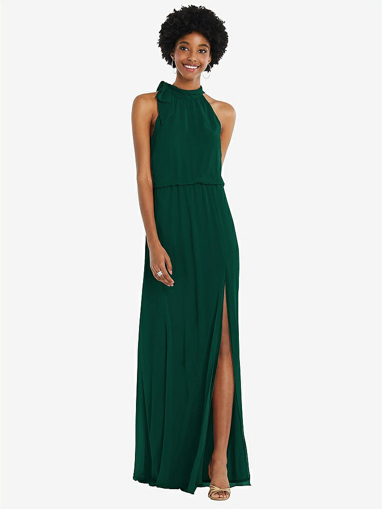 【STYLE: 1562】Scarf Tie High Neck Blouson Bodice Maxi Dress with Front Slit【COLOR: Hunter Green】