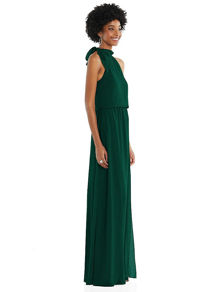 【STYLE: 1562】Scarf Tie High Neck Blouson Bodice Maxi Dress with Front Slit【COLOR: Hunter Green】