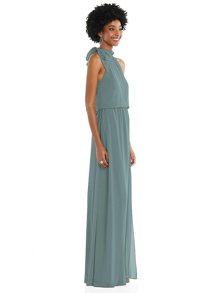 【STYLE: 1562】Scarf Tie High Neck Blouson Bodice Maxi Dress with Front Slit【COLOR: Icelandic】