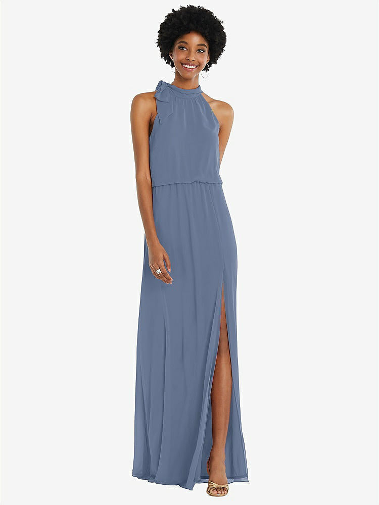 【STYLE: 1562】Scarf Tie High Neck Blouson Bodice Maxi Dress with Front Slit【COLOR: Larkspur Blue】