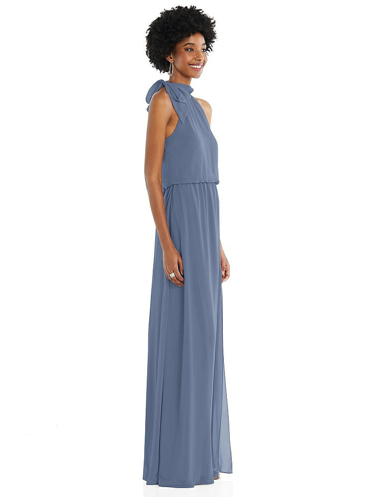 【STYLE: 1562】Scarf Tie High Neck Blouson Bodice Maxi Dress with Front Slit【COLOR: Larkspur Blue】