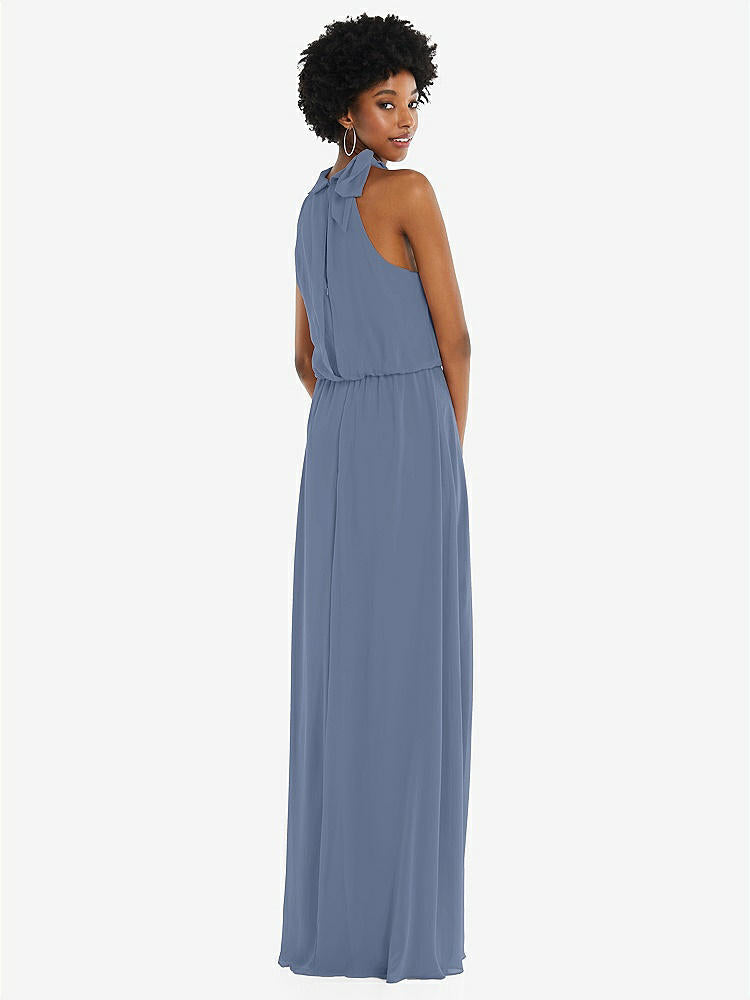【STYLE: 1562】Scarf Tie High Neck Blouson Bodice Maxi Dress with Front Slit【COLOR: Larkspur Blue】