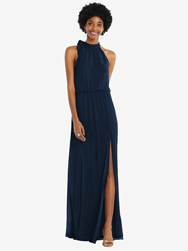 【STYLE: 1562】Scarf Tie High Neck Blouson Bodice Maxi Dress with Front Slit【COLOR: Midnight Navy】