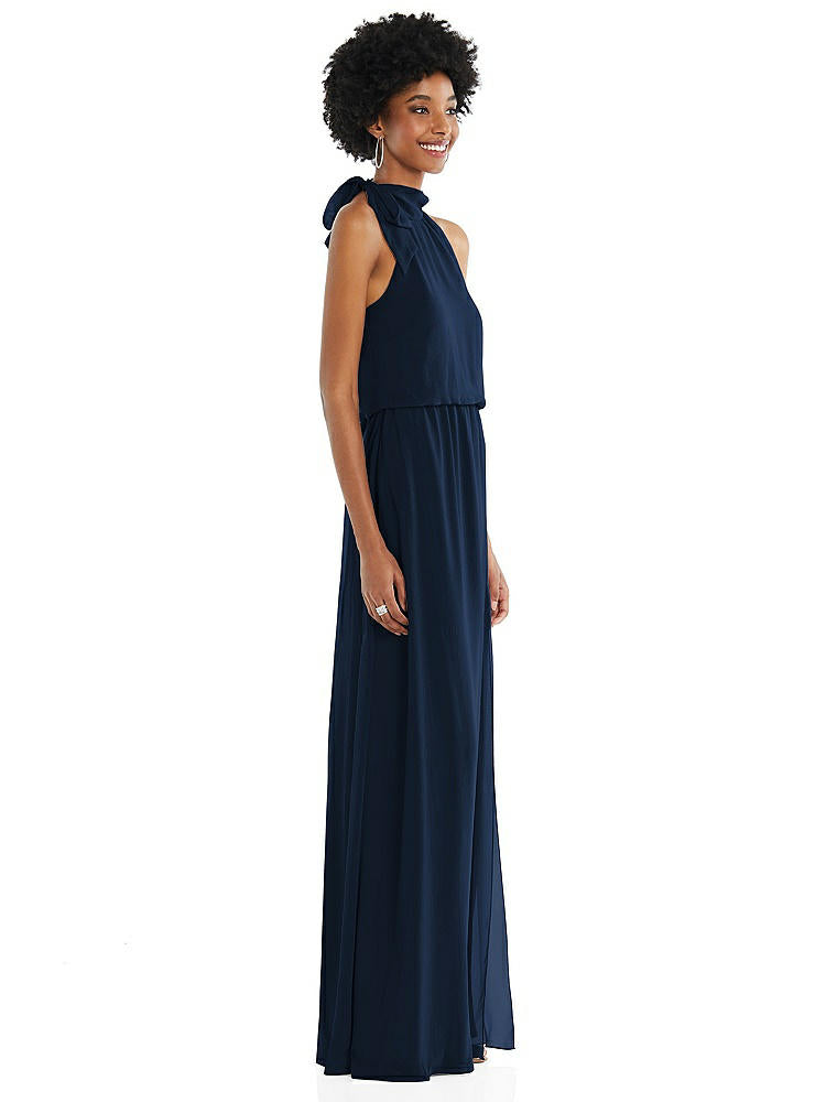 【STYLE: 1562】Scarf Tie High Neck Blouson Bodice Maxi Dress with Front Slit【COLOR: Midnight Navy】