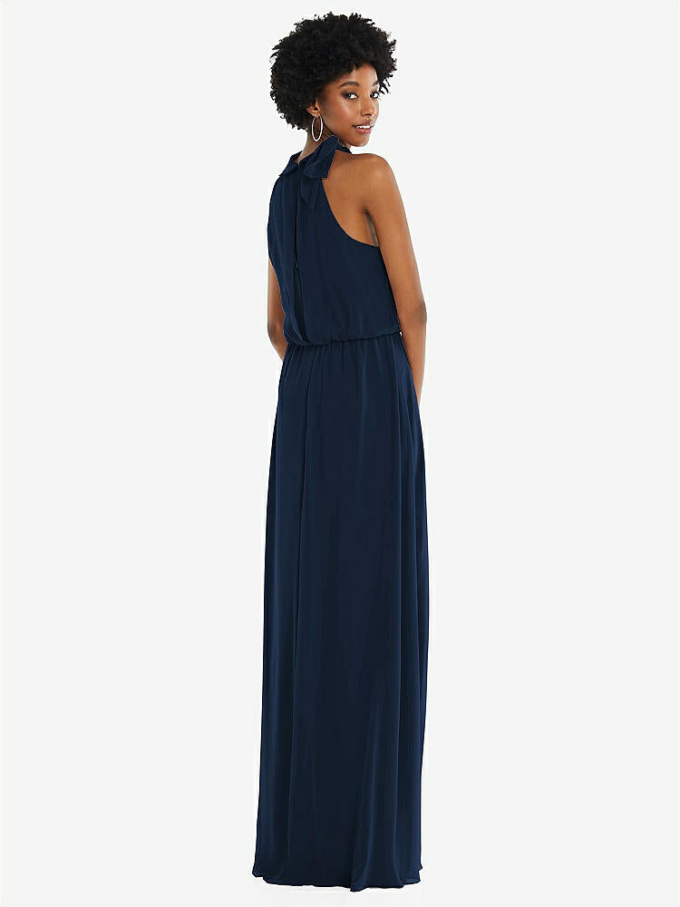 【STYLE: 1562】Scarf Tie High Neck Blouson Bodice Maxi Dress with Front Slit【COLOR: Midnight Navy】