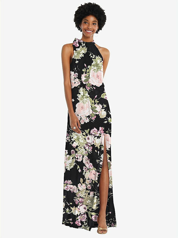 【STYLE: 1562】Scarf Tie High Neck Blouson Bodice Maxi Dress with Front Slit【COLOR: Noir Garden】