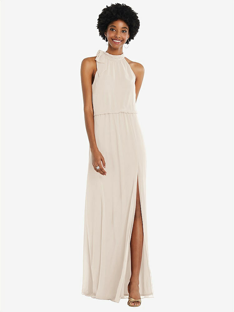 【STYLE: 1562】Scarf Tie High Neck Blouson Bodice Maxi Dress with Front Slit【COLOR: Oat】