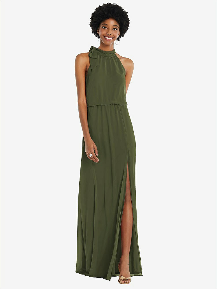 【STYLE: 1562】Scarf Tie High Neck Blouson Bodice Maxi Dress with Front Slit【COLOR: Olive Green】