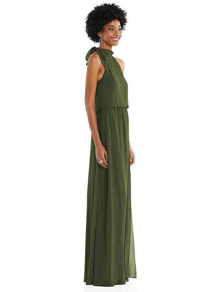 【STYLE: 1562】Scarf Tie High Neck Blouson Bodice Maxi Dress with Front Slit【COLOR: Olive Green】