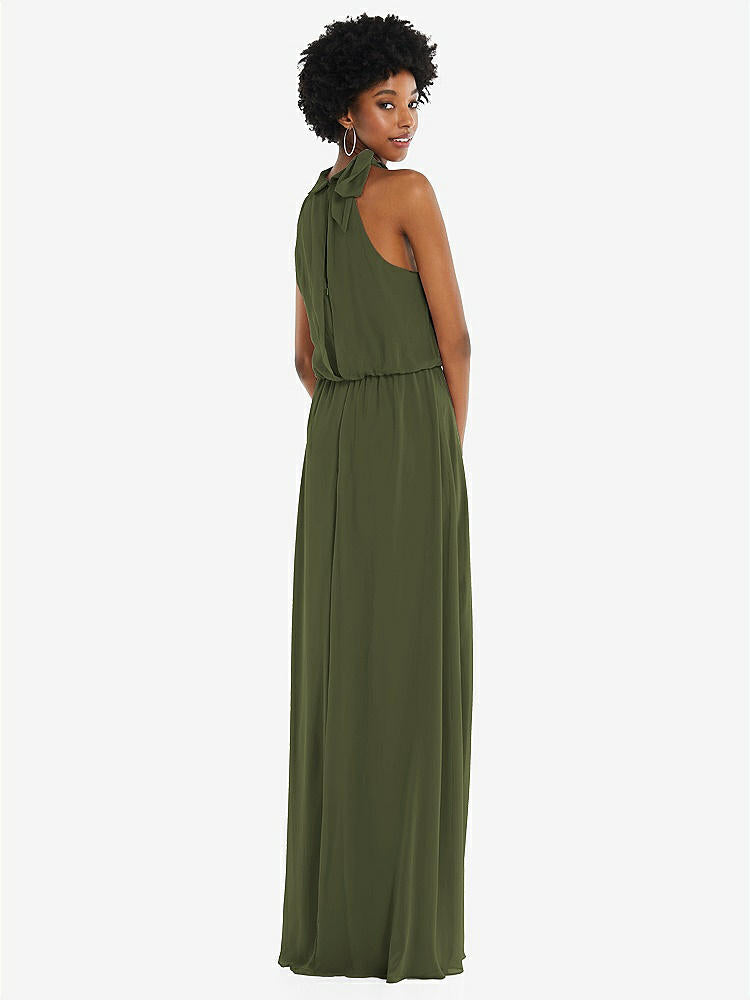 【STYLE: 1562】Scarf Tie High Neck Blouson Bodice Maxi Dress with Front Slit【COLOR: Olive Green】
