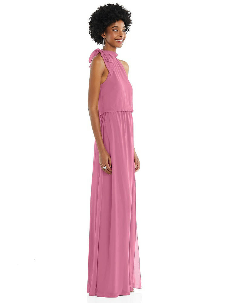 【STYLE: 1562】Scarf Tie High Neck Blouson Bodice Maxi Dress with Front Slit【COLOR: Orchid Pink】