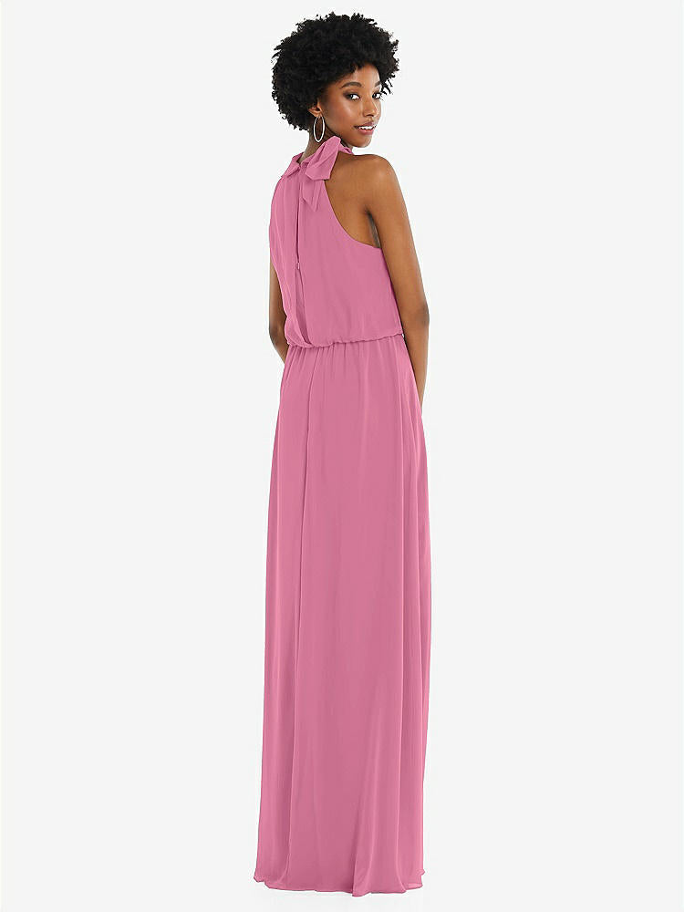 【STYLE: 1562】Scarf Tie High Neck Blouson Bodice Maxi Dress with Front Slit【COLOR: Orchid Pink】