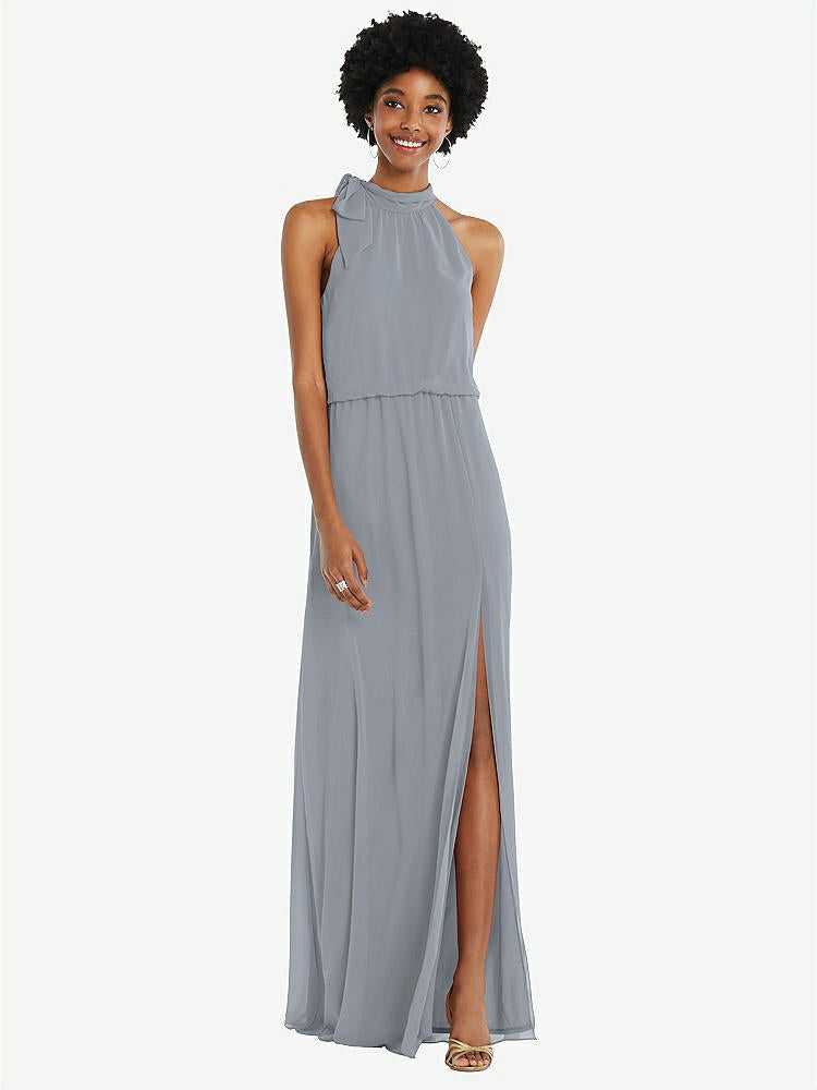 【STYLE: 1562】Scarf Tie High Neck Blouson Bodice Maxi Dress with Front Slit【COLOR: Platinum】