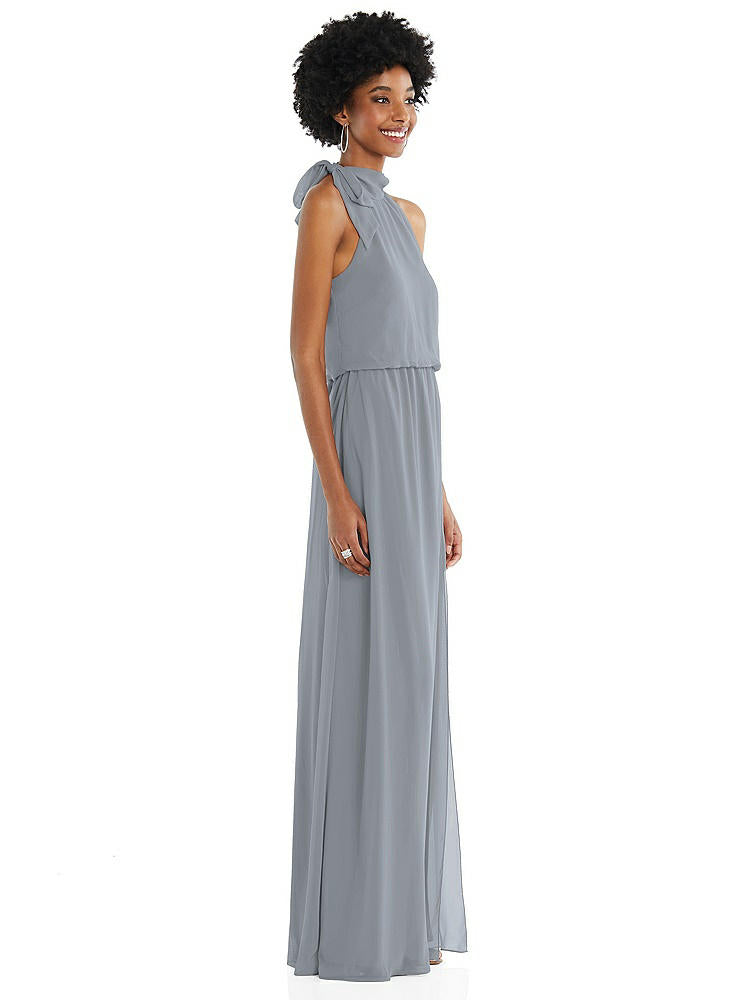 【STYLE: 1562】Scarf Tie High Neck Blouson Bodice Maxi Dress with Front Slit【COLOR: Platinum】