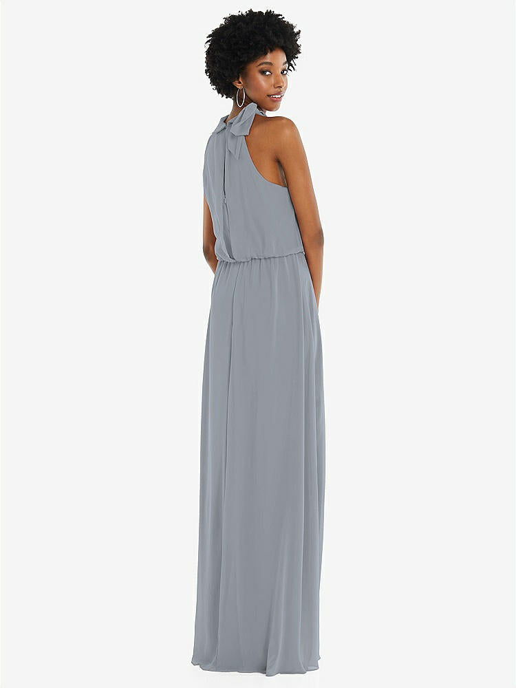 【STYLE: 1562】Scarf Tie High Neck Blouson Bodice Maxi Dress with Front Slit【COLOR: Platinum】