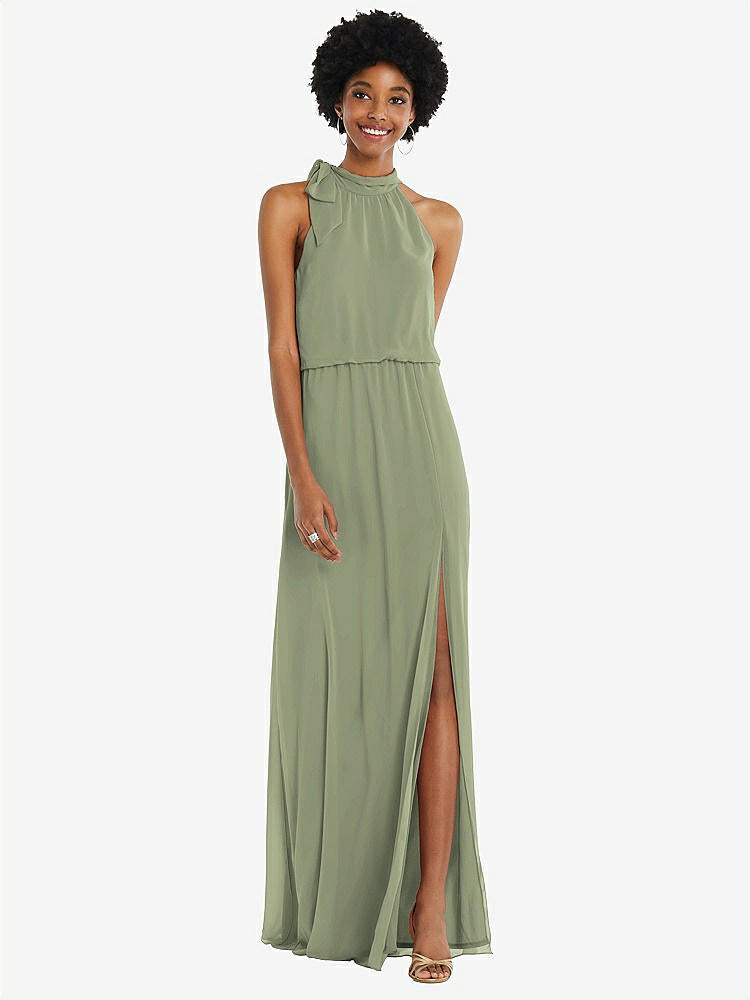 【STYLE: 1562】Scarf Tie High Neck Blouson Bodice Maxi Dress with Front Slit【COLOR: Sage】