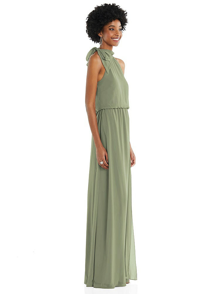 【STYLE: 1562】Scarf Tie High Neck Blouson Bodice Maxi Dress with Front Slit【COLOR: Sage】
