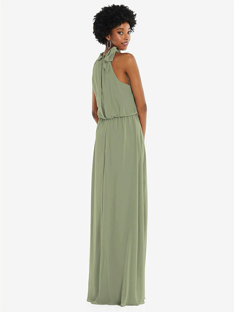【STYLE: 1562】Scarf Tie High Neck Blouson Bodice Maxi Dress with Front Slit【COLOR: Sage】