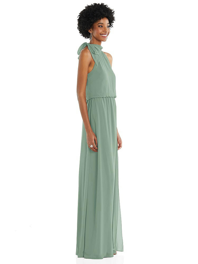 【STYLE: 1562】Scarf Tie High Neck Blouson Bodice Maxi Dress with Front Slit【COLOR: Seagrass】
