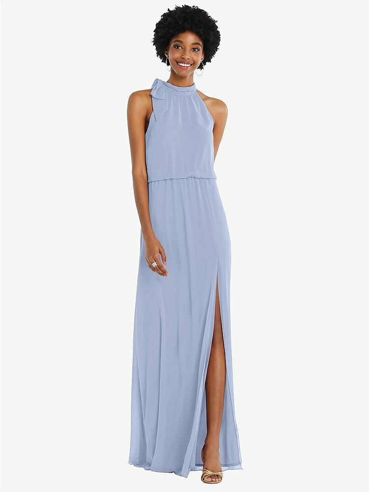 【STYLE: 1562】Scarf Tie High Neck Blouson Bodice Maxi Dress with Front Slit【COLOR: Sky Blue】