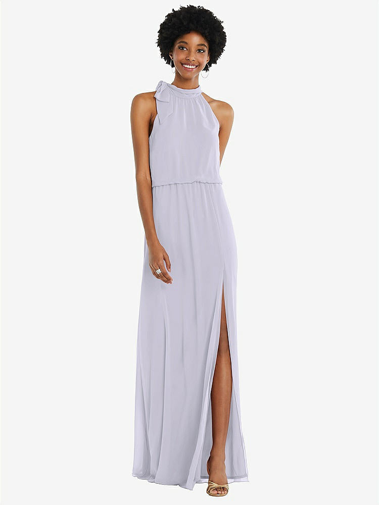 【STYLE: 1562】Scarf Tie High Neck Blouson Bodice Maxi Dress with Front Slit【COLOR: Silver Dove】