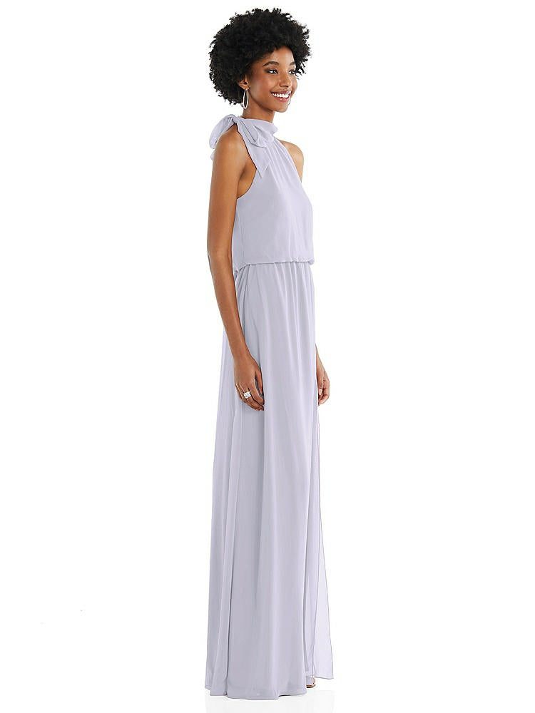 【STYLE: 1562】Scarf Tie High Neck Blouson Bodice Maxi Dress with Front Slit【COLOR: Silver Dove】