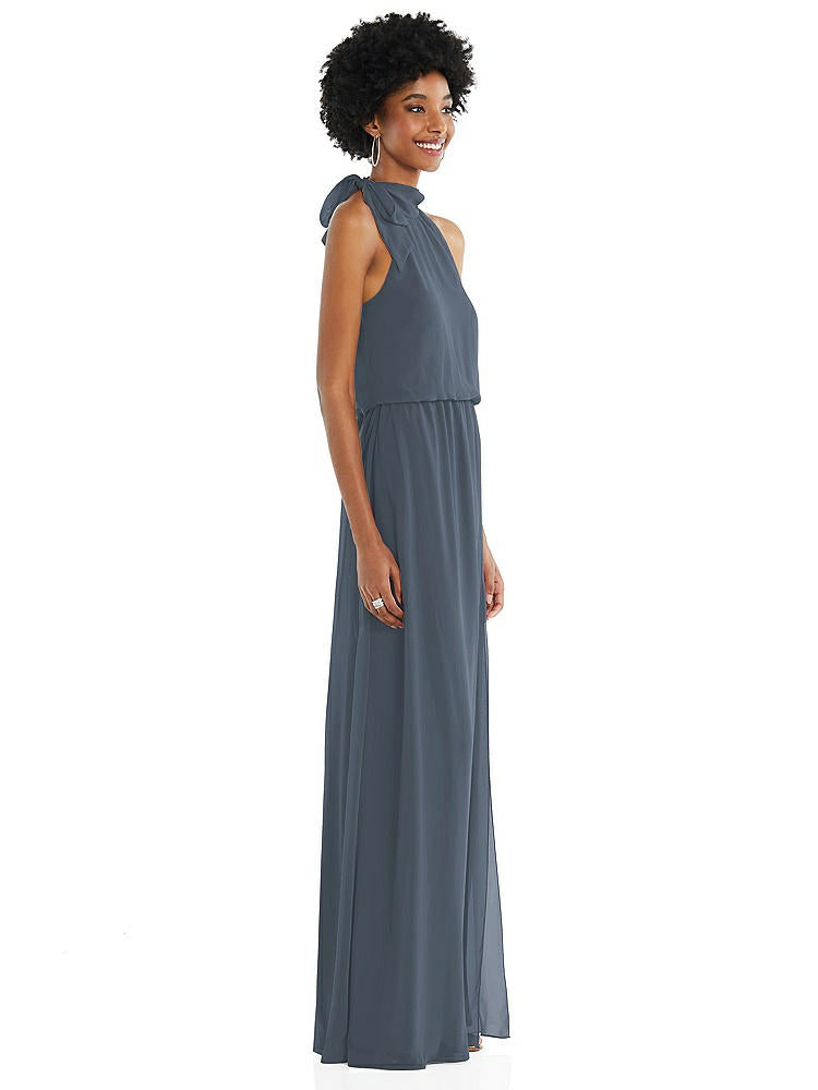 【STYLE: 1562】Scarf Tie High Neck Blouson Bodice Maxi Dress with Front Slit【COLOR: Silverstone】