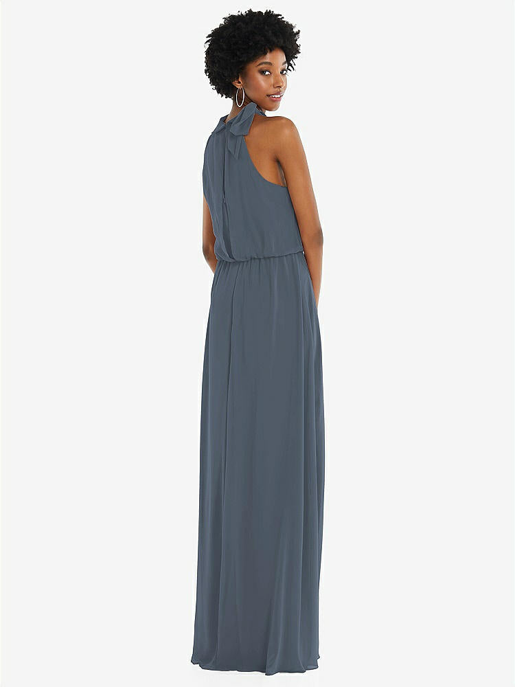 【STYLE: 1562】Scarf Tie High Neck Blouson Bodice Maxi Dress with Front Slit【COLOR: Silverstone】