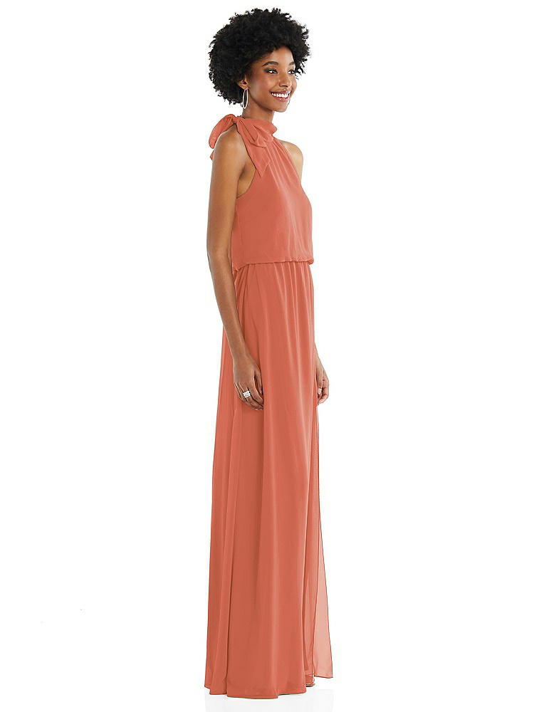 【STYLE: 1562】Scarf Tie High Neck Blouson Bodice Maxi Dress with Front Slit【COLOR: Terracotta Copper】