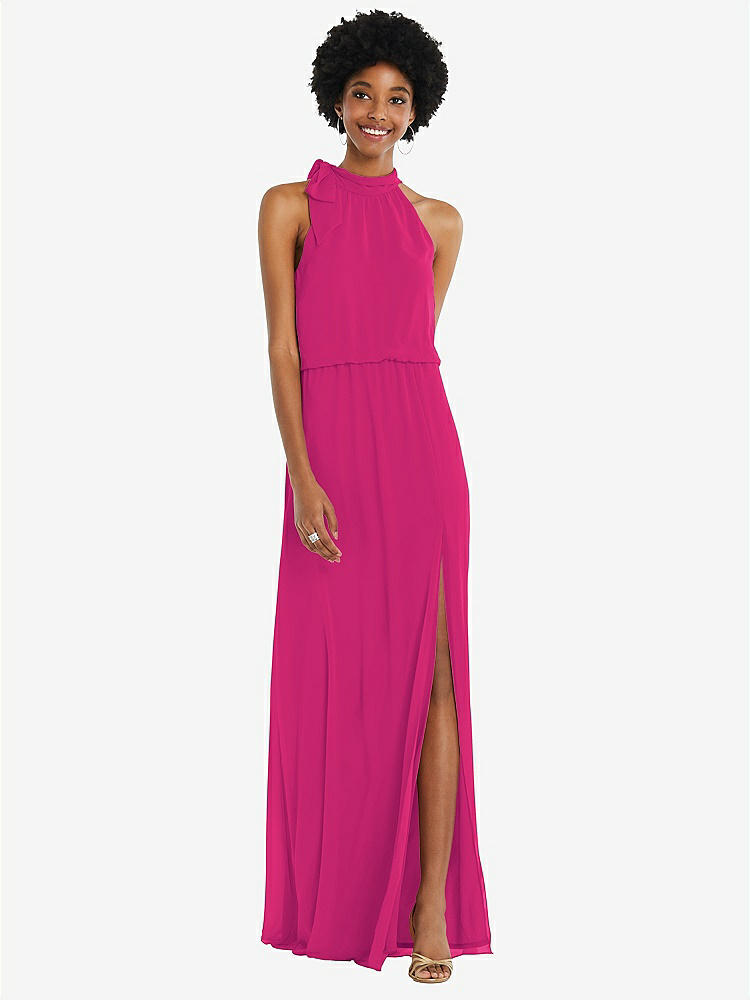 【STYLE: 1562】Scarf Tie High Neck Blouson Bodice Maxi Dress with Front Slit【COLOR: Think Pink】