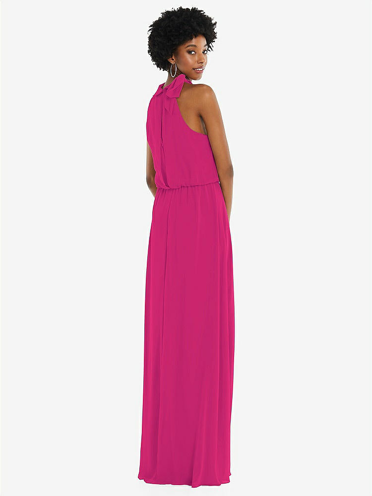 【STYLE: 1562】Scarf Tie High Neck Blouson Bodice Maxi Dress with Front Slit【COLOR: Think Pink】