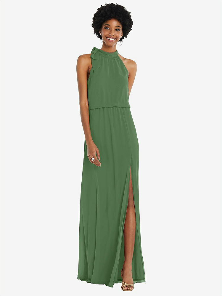 【STYLE: 1562】Scarf Tie High Neck Blouson Bodice Maxi Dress with Front Slit【COLOR: Vineyard Green】