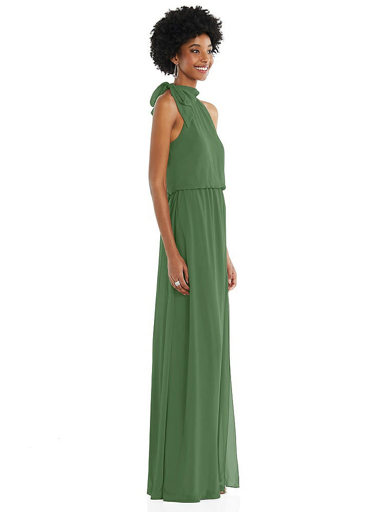 【STYLE: 1562】Scarf Tie High Neck Blouson Bodice Maxi Dress with Front Slit【COLOR: Vineyard Green】